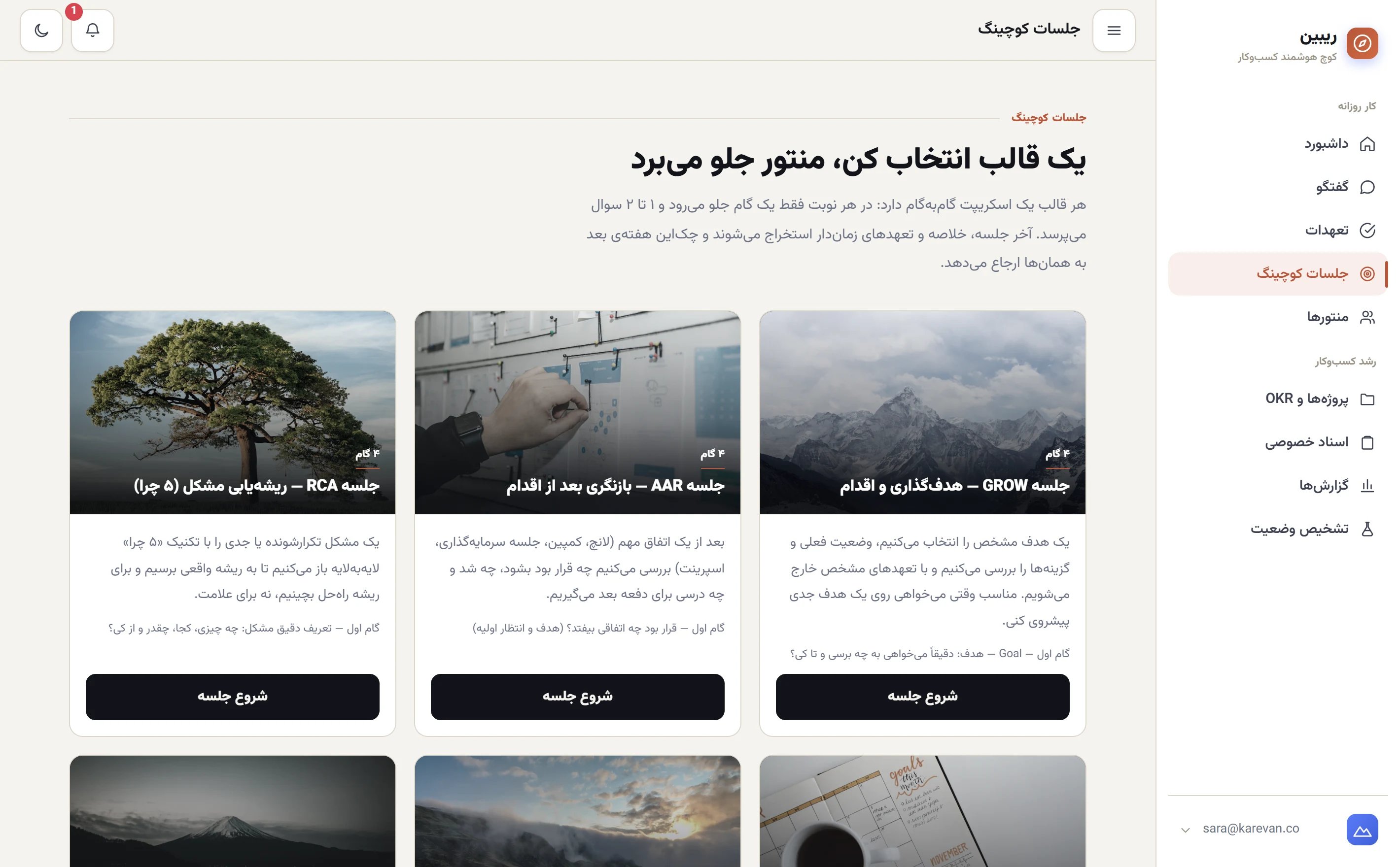 صفحه جلسات کوچینگ ریبین با نه قالب: GROW، AAR، RCA، چکاین هفتگی، پریمورتم، پستمورتم، PDCA و دروازه فاز